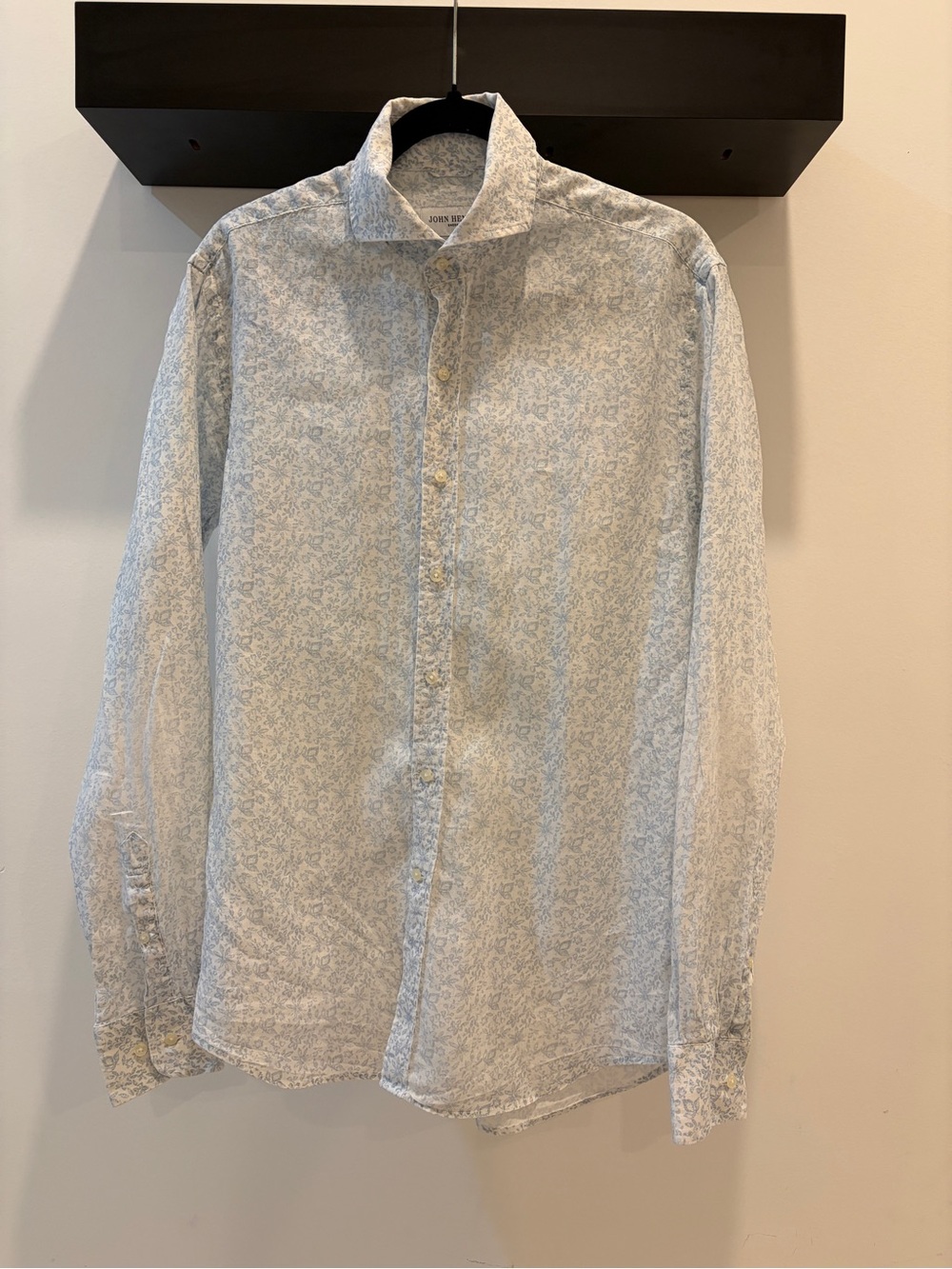 John Henric Men’s Linen Shirt - Blue Floral Print - Size M